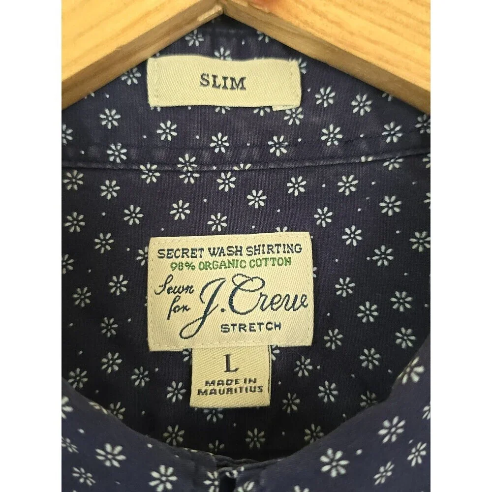 J.Crew Mens Large Slim Secret Wash Shirt Blue Floral Organic Cotton Stretch